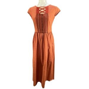 Vintage Prairie Gingham Dress Sz S Lace Up Bodice Cottagecore Midi Orange